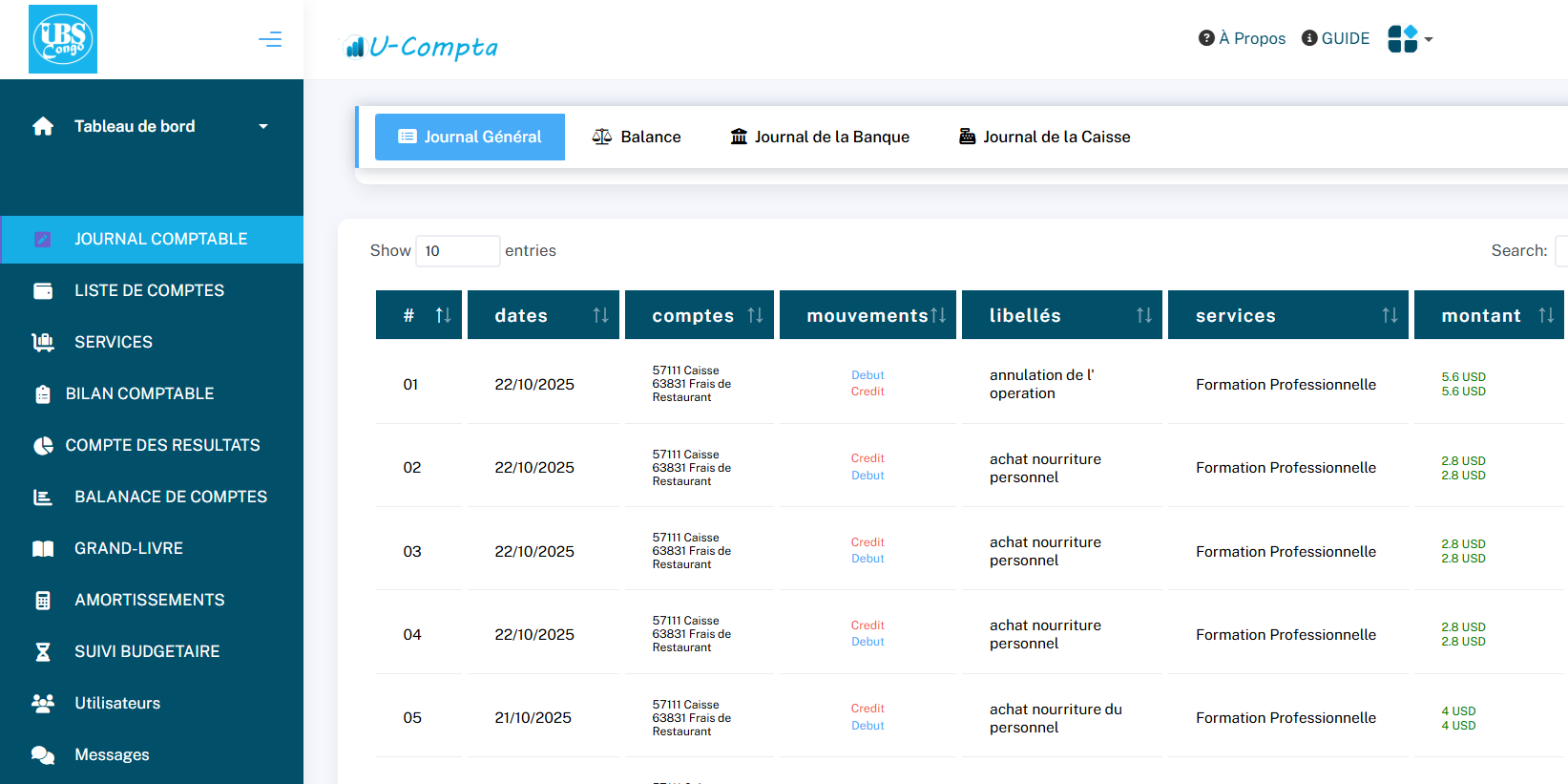Interface U-Compta : Journal Général et Balance